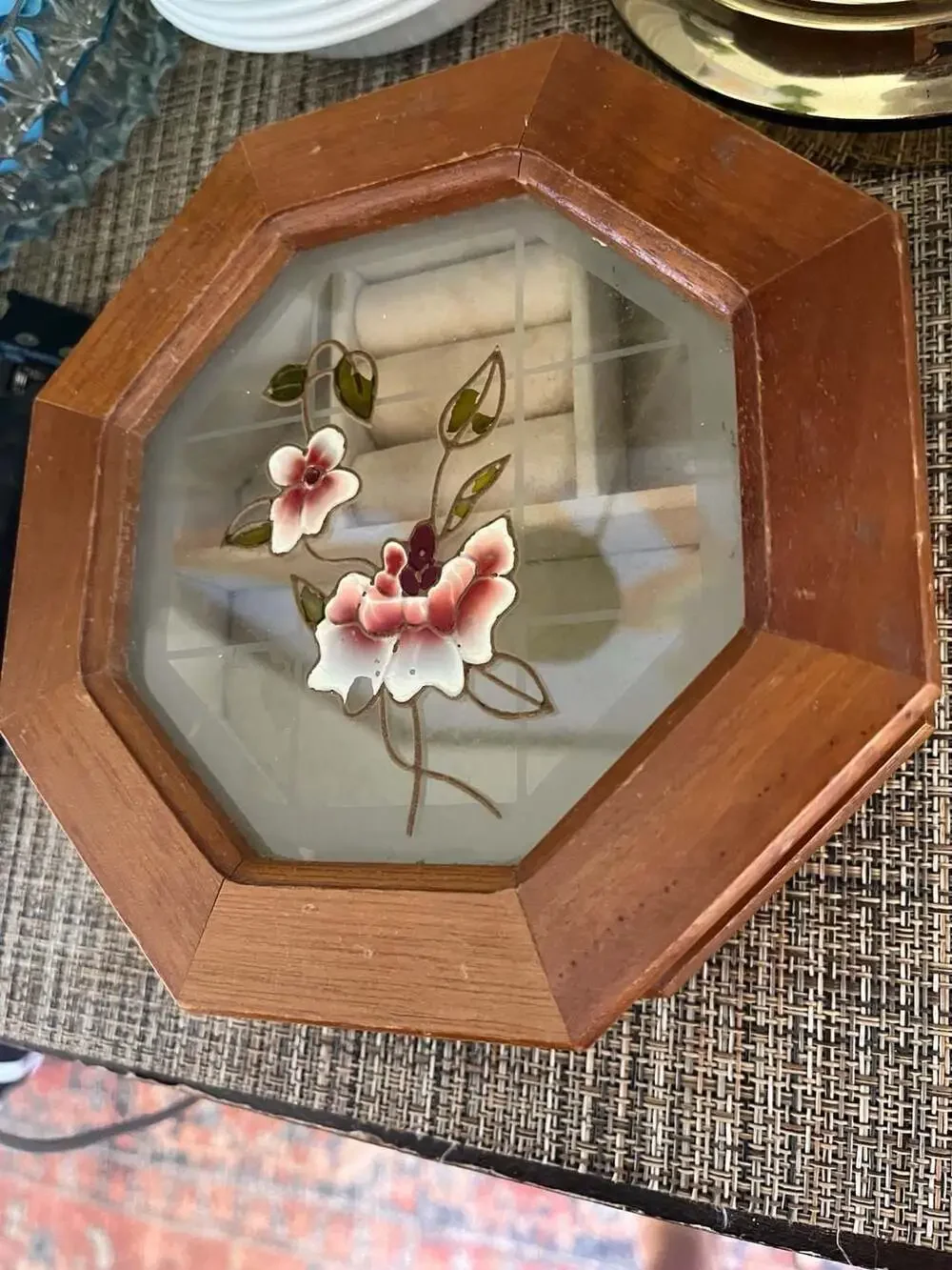 Vintage Octagonal Wooden Jewelry Box with Floral Glass Lid